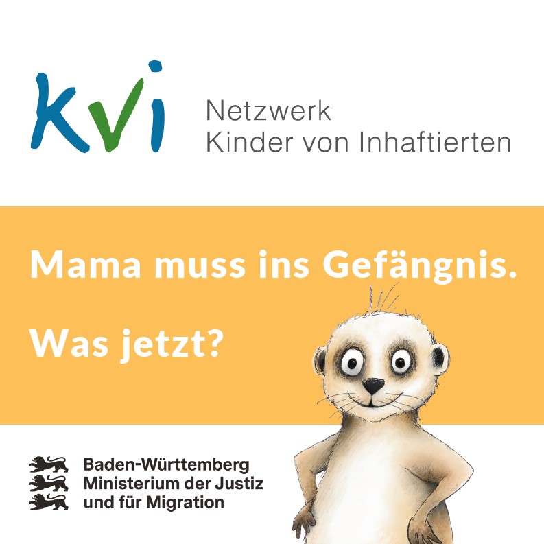 Flyer "Mama muss ins Gefängnis" auf dem das Maskottchen des Justizvollzuges abgebildet ist.
